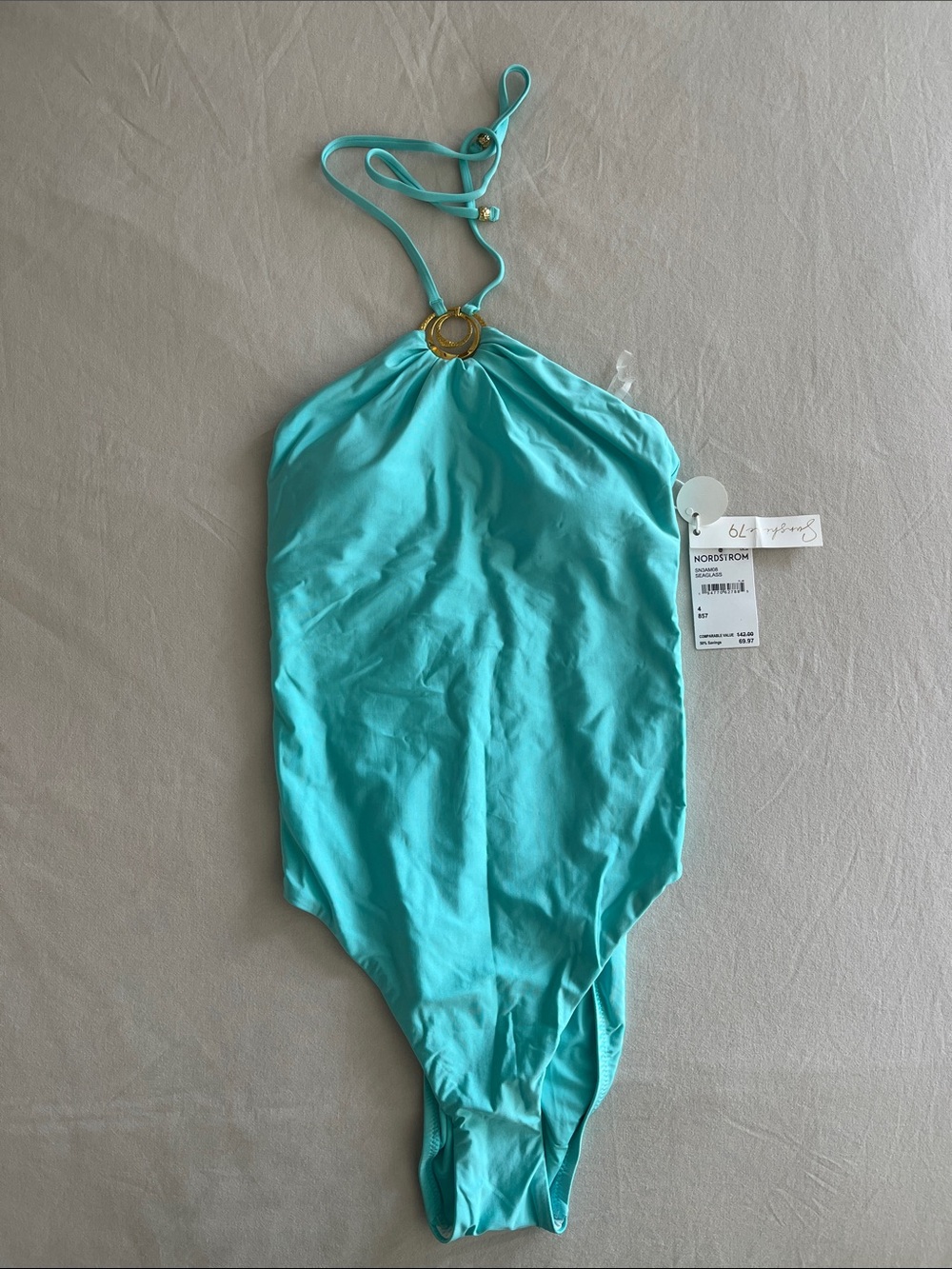 Nordstrom Aqua Halter One-Piece Swimsuit with Gold Ring